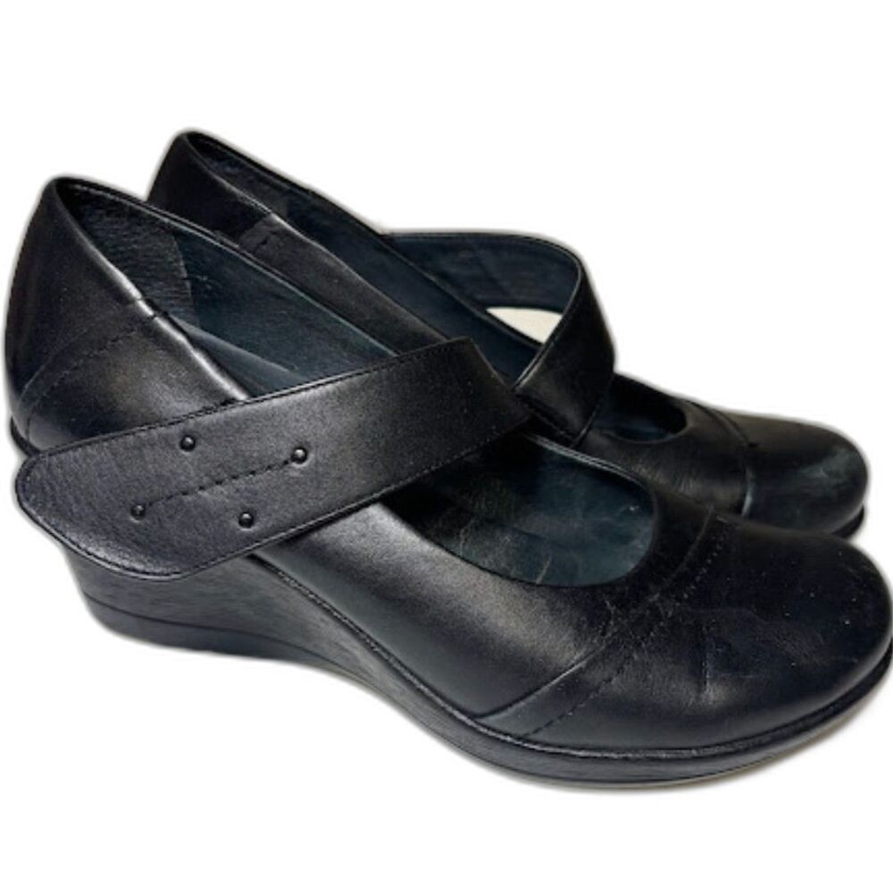 Dansko Ruby black leather wedge Mary Jane Size 39 US 8.5 cottage comfort funky